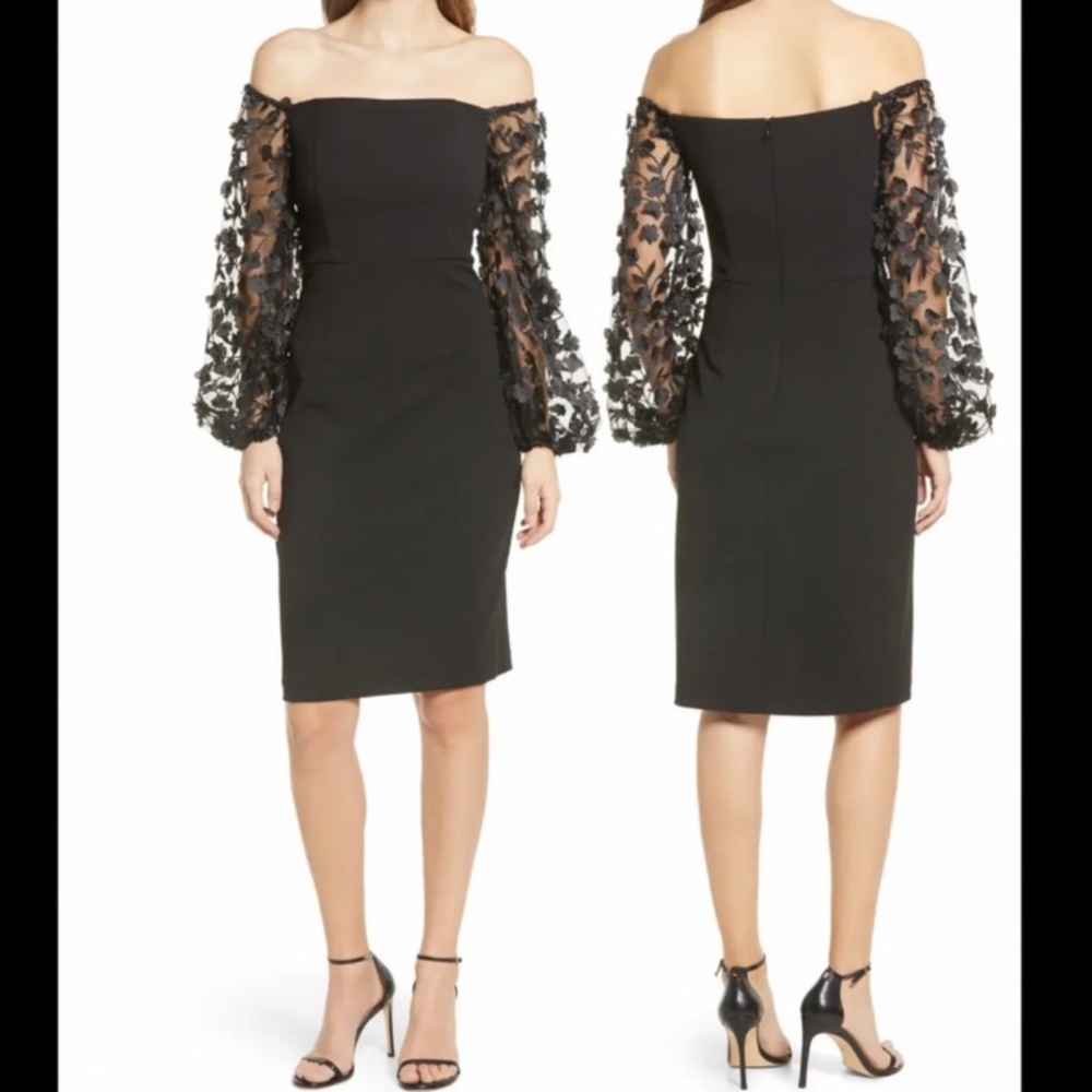 Nicole Miller sz 10 Black Evening Dress  w/sheer, dimensional sleeves. NWT.
